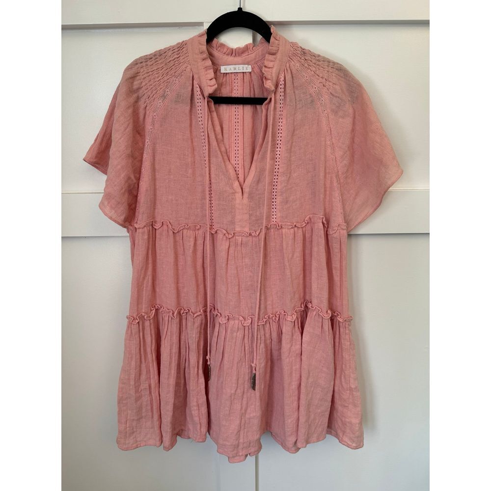 Karlie small pink dress with‎ feather detail on ties
